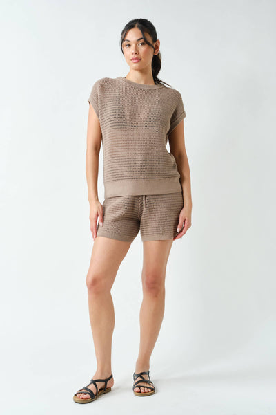 Silken Taupe Coastal Crochet Breeze Knit Top