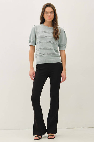 Dusty Blue Crochet Stripe Puff Sleeve Short Sleeve Sweater