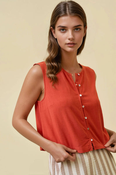 Coral Button Front Cropped Tank Top