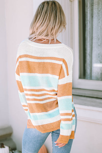 Mint & Orange Stripe Color-Block Sweater