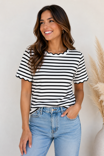 Black & White Stripe Scalloped Trim Top