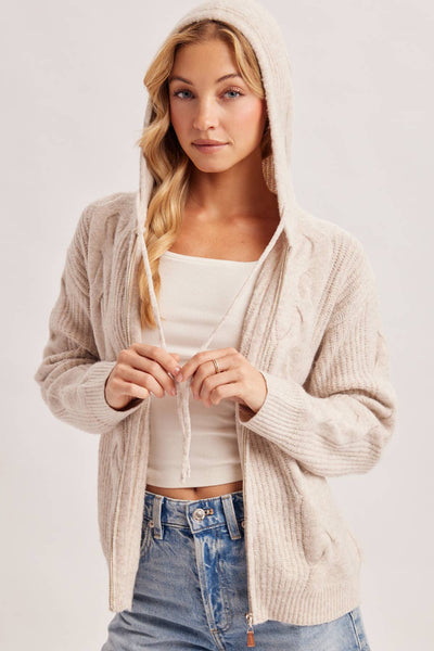 Oatmeal Zip-Up Cable Knit Sweater Cardigan With Hood