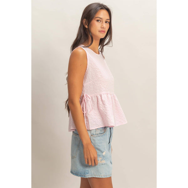 Pink Gingham Sleeveless Peplum Top