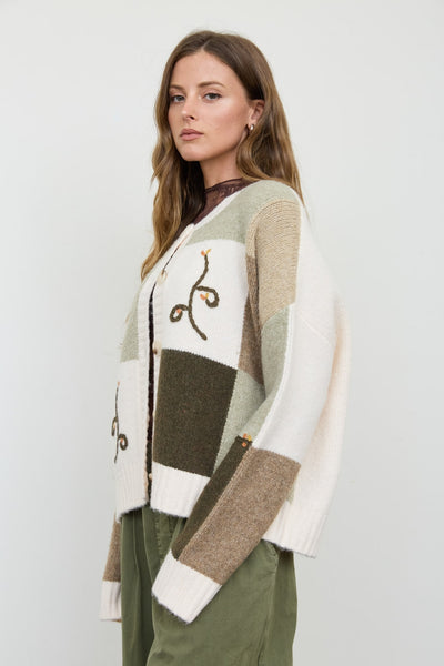 Olive Checkered Embroidered Knit Cardigan
