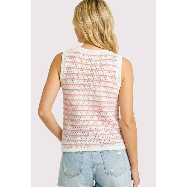 Pink Stripe Crochet Sleeveless Sweater