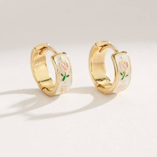 Gold Vintage Floral Huggie Hoop Earrings
