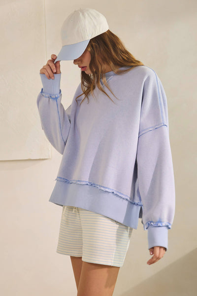 Misty Blue Distressed Washed Pullover