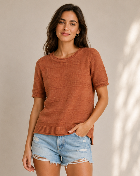 Rust Textured Short Sleeve Sweater