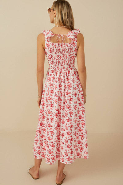 Pink Floral Ruffle Cutout Midi Dress