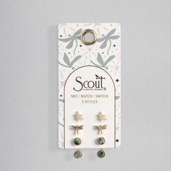 Trio Earring Set - Dragonfly/African Turquoise/Gold