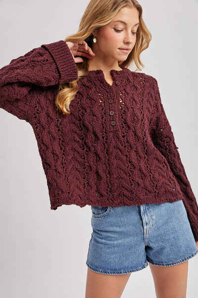 Maroon Button Open Knit Sweater