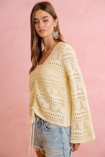 Ivory Pointelle Knit V-Neck Ruched Top