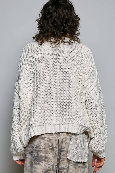 Cream Mock Neck Balloon Sleeve Cable Knit Sweater