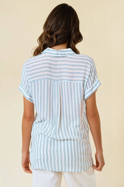 White & Dusty Blue Stripe Short Sleeve Button Top