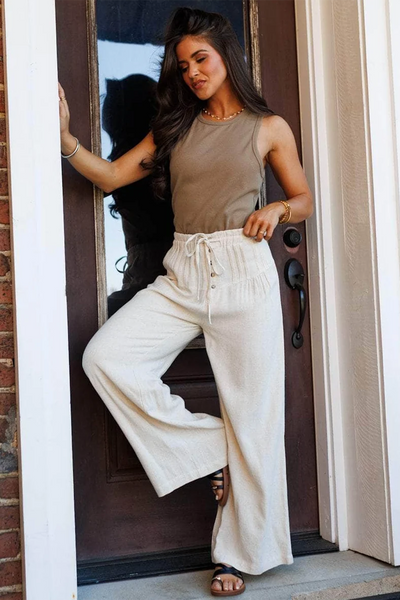 White Linen Tie Waist Button Detail Pants