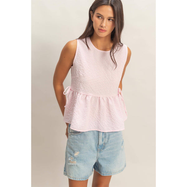 Pink Gingham Sleeveless Peplum Top