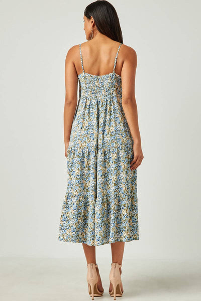 Blue Smocked Back Tiered Midi Dress