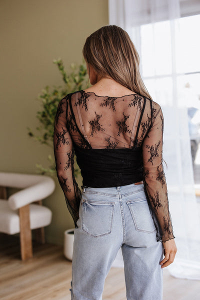 Black Lace Mesh Long Sleeve Top