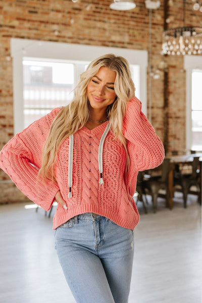 Coral Cable Knit Hooded Sweater