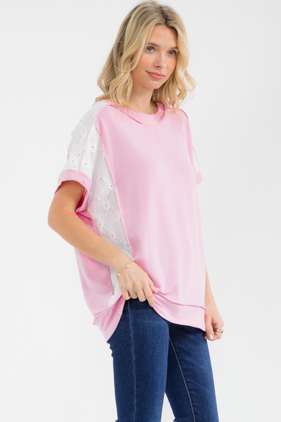 Pink & Ivory Lace Sleeve Tee