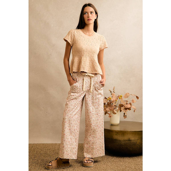 Cream Floral Cotton Wide Leg Pants