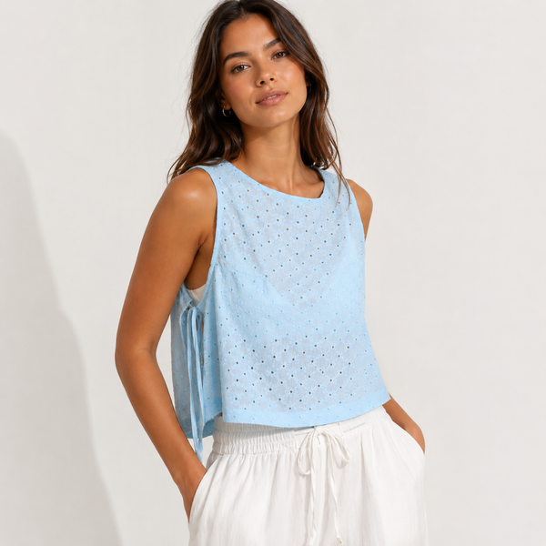Baby Blue Sleeveless Textured Eyelet Top With Side Straps