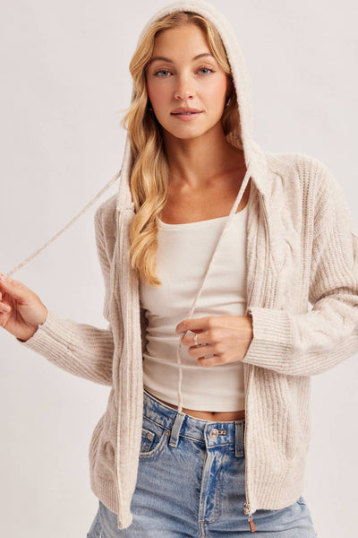 Oatmeal Zip-Up Cable Knit Sweater Cardigan With Hood