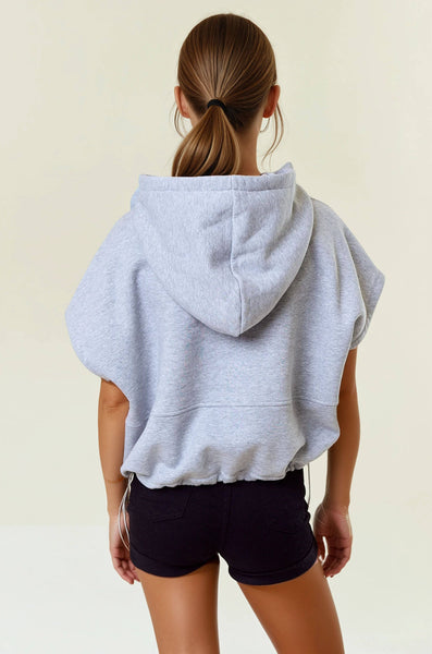 Heather Grey Drawstring Bottom Short Sleeve Hoodie