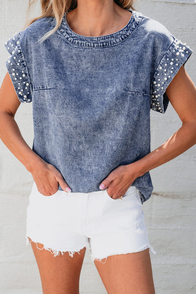 Denim Acid Wash Pearl Top