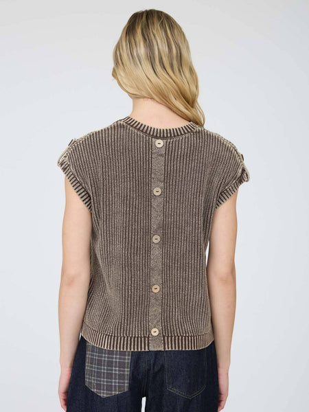Dark Brown Acid Wash Back Button Knit Top
