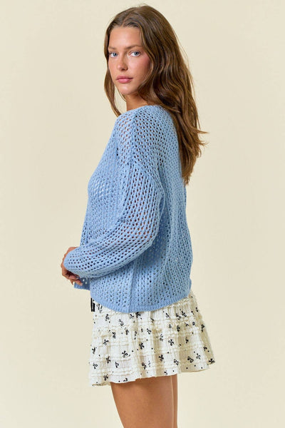 Powder Blue V-Neck Open Knit Top