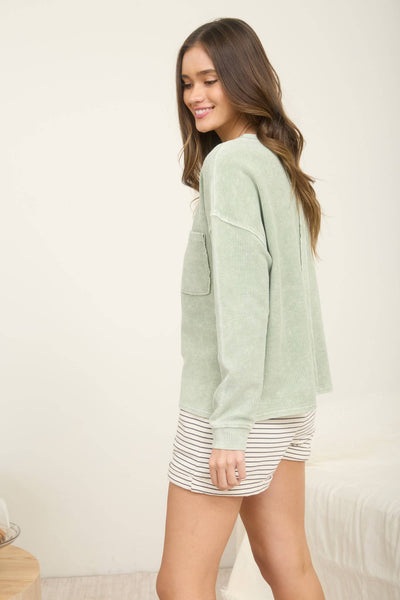 Light Olive Washed Pocked Ribbed Knit Top