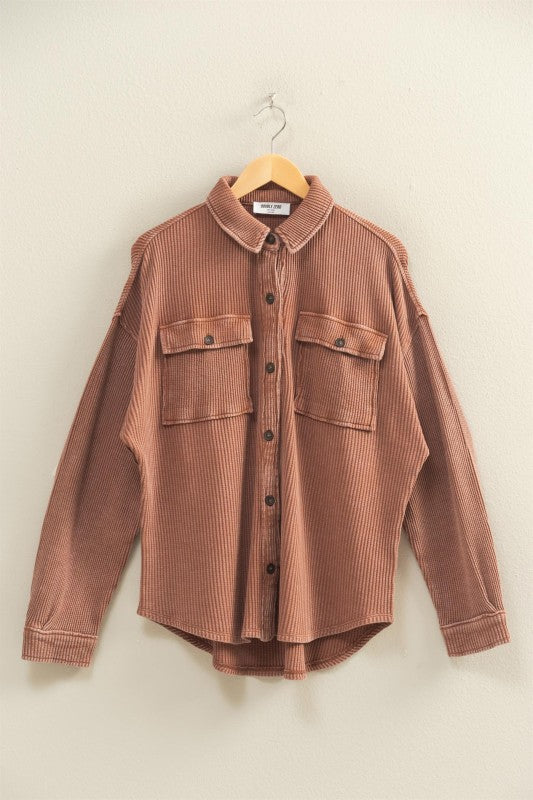 Chestnut Oversized Mineral Washed Waffle Shacket