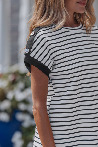 Black Stripe Cuffed Sleeve Button Detail Tee