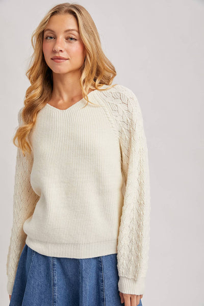 Ivory V-Neck Ribbed Knit Sweater