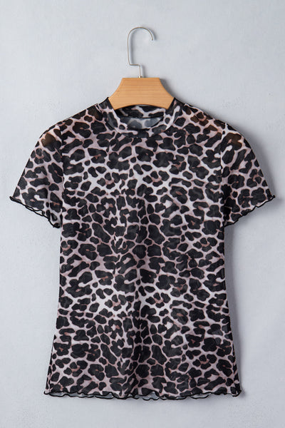 Leopard Print Sheer Mesh Short Sleeve Top