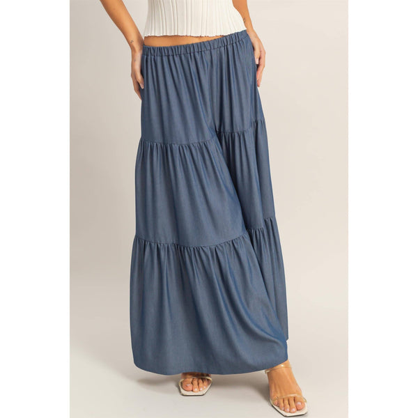 Denim Blue Tiered Maxi Skirt