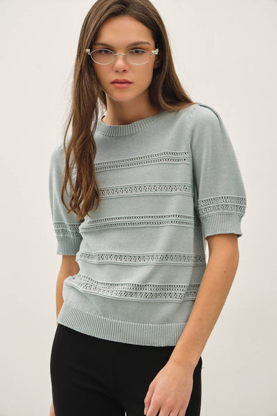 Dusty Blue Crochet Stripe Puff Sleeve Short Sleeve Sweater