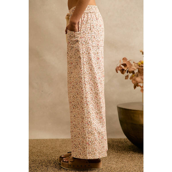 Cream Floral Cotton Wide Leg Pants