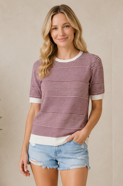 Magenta Stripe Short Sleeve Sweater