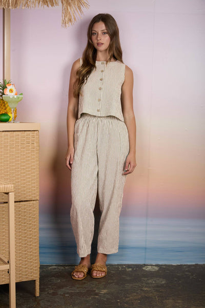 Mocha Stripe Sleeveless Button Down Top