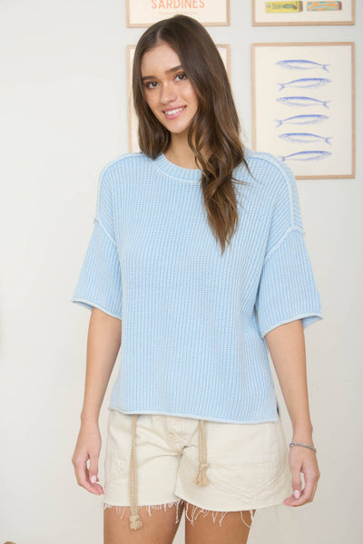 Light Blue Mineral Wash Short Sleeve Knit Top