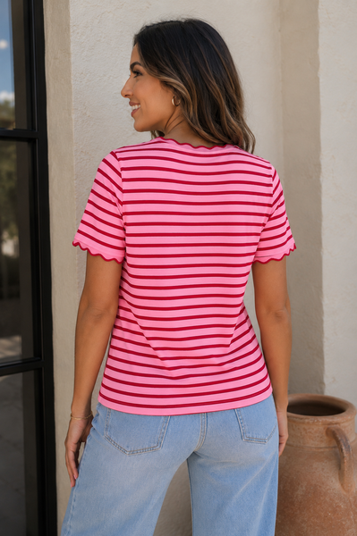 Pink Stripe Scalloped Trim Top