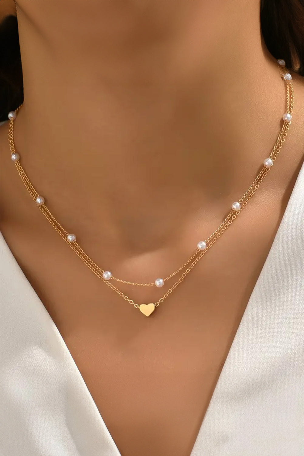 Gold Plated Heart and Pearl Layered Necklace