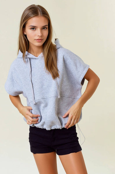 Heather Grey Drawstring Bottom Short Sleeve Hoodie