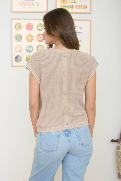Khaki Acid Wash Back Button Knit Top