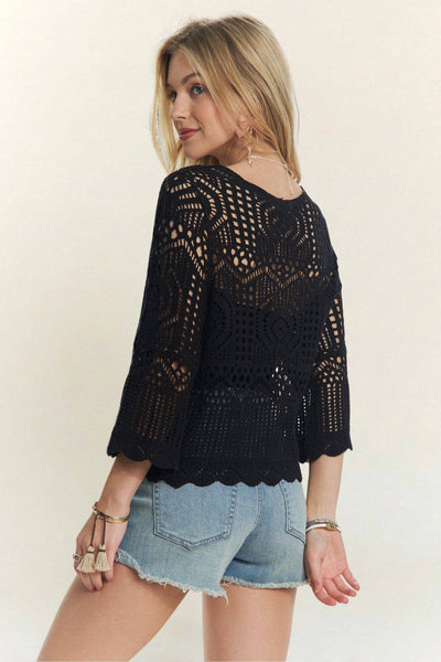 Black Front Drawstring Crochet Top