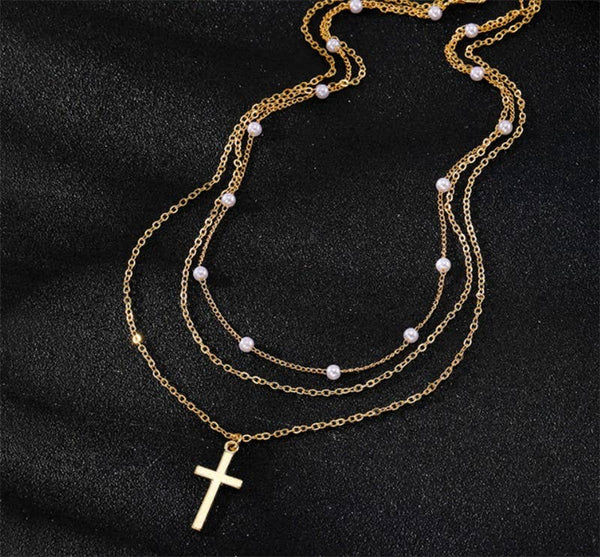 Gold 18K Stainless Steel Tarnish Free Layered Cross Necklace