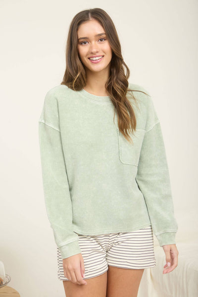 Light Olive Washed Pocked Ribbed Knit Top