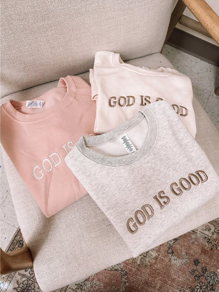 Oatmeal God is Good Embroidered Sweatshirt